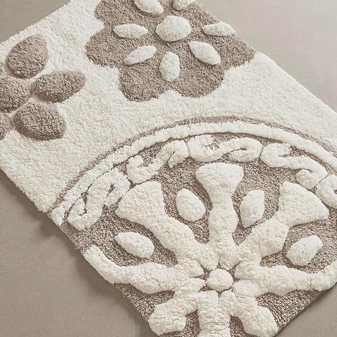Madison Park Casablanca 100% Cotton Tufted Bathroom Rugs Luxurious Plush Medallion Floral Pattern Bath Mat Absorbent, Quick Dry, Spa Design Shower Room Décor, Rectangle 20" x 30", Taupe