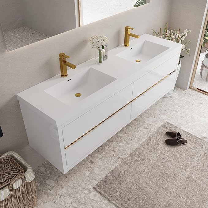 Abruzzo 72" Glossy White Wall-Mounted Bathroom Vanity with Double Sink – Stone Resin Countertop & Soft-Close Drawers, Waterproof Wood Cabinet for Bathrooms