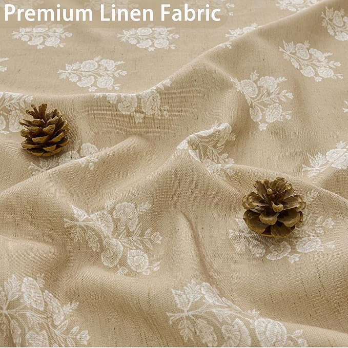 ORTIGIA Linen Textured Ruffle Shower Curtain with Metal Hooks, Brown Vintage Block Print Floral Boho Waterproof Bath Curtain for Rustic Farmhouse Bathroom Decor 72x72 Inch