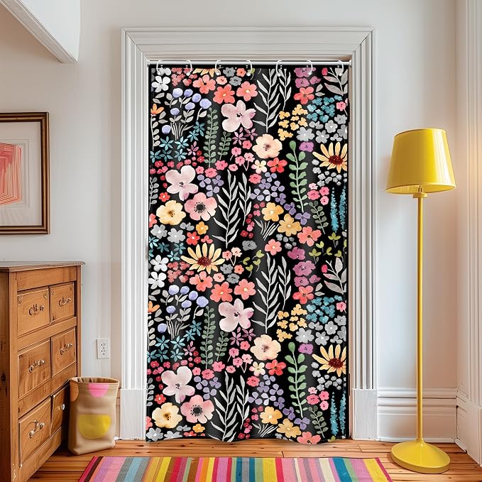 Small Stall Narrow Half Single Floral Stand Up Bathroom Shower Curtain Set | 36"W x 72"H Black Leaves; waterproof HD print, quick-dry fabric with 12 hooks for easy hanging.