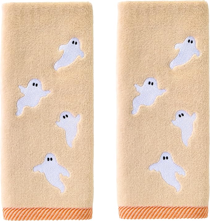 SKL Home Halloween Tossed Ghosts Hand Towel Set-2pc, 100% Cotton, Taupe | Soft, embroidered velour. Great for the bathroom, kitchen or bar & gifting.