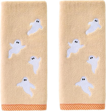 SKL Home Halloween Tossed Ghosts Hand Towel Set-2pc, 100% Cotton, Taupe | Soft, embroidered velour. Great for the bathroom, kitchen or bar & gifting.