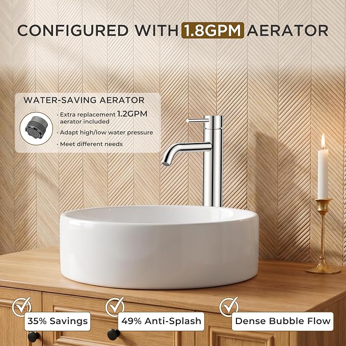FORIOUS Vessel Sink Faucets Single Handle, Chrome Tall Bathroom Faucet | for 1 Hole Vessel Sink Only, Modern Faucet with Pop up Drain, for Basin Bowl Vanity Lavatory Residential/Commercial Use