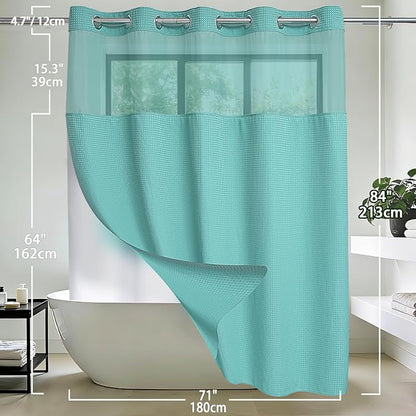Conbo Mio Extra Long No Hook Green Waffle Weave Shower Curtain with Snap in Liner Set, Hotel Luxury Shower Curtains for Bathroom with See Through Top Window, Waterproof, Washable 71W x 84H