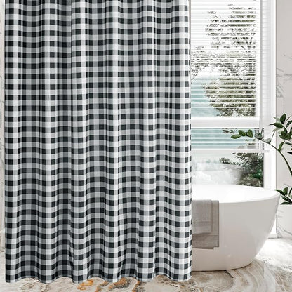 Fabric Shower Curtain-Black & White Farmhouse Shower Curtains for Bathroom | 72"Wx84"L Gingham Buffalo Plaid Neutral Extra Long Bath Curtain Decor-Hotel Quality Checkered Geometric Linen Cloth Washable
