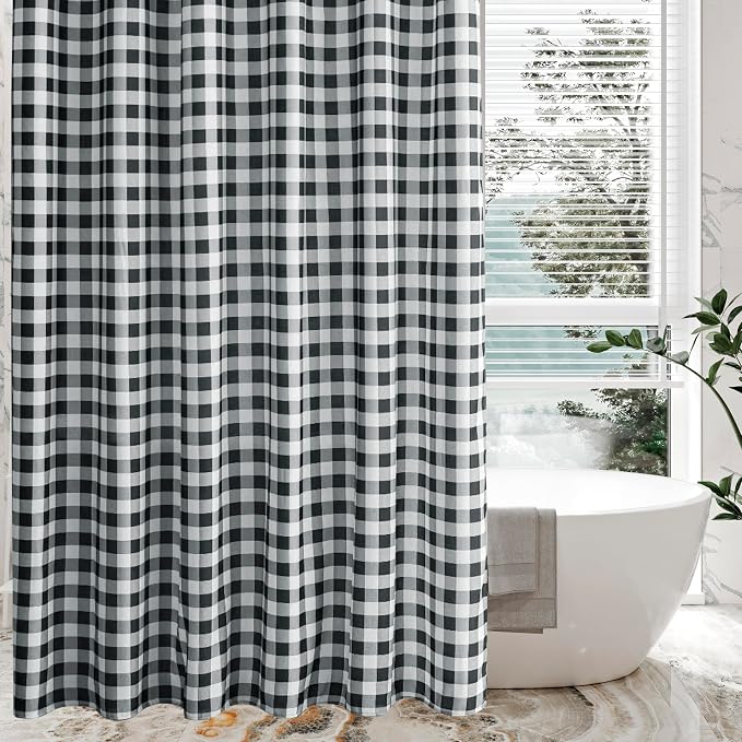 Fabric Shower Curtain-Black & White Farmhouse Shower Curtains for Bathroom | 72"Wx72"L Gingham Buffalo Plaid Neutral Vintage Bath Curtain Decor-Hotel Quality Checkered Geometric Linen Cloth Washable