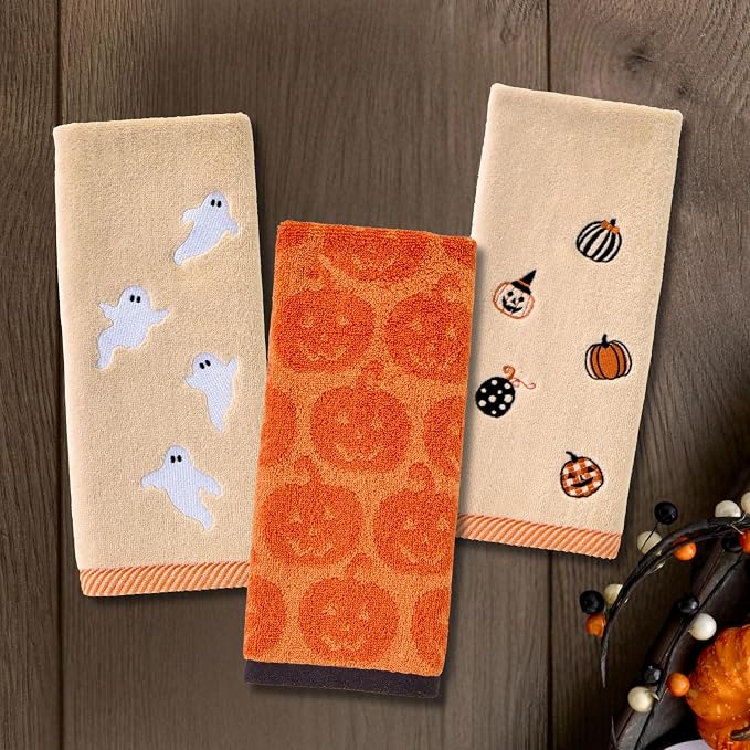 SKL Home Halloween Jack-O-Lantern Hand Towel Set-2pc, 100% Cotton, Orange | Soft & absorbent. Reversible jacquard pattern. Great for the bathroom, kitchen or bar & gifting.