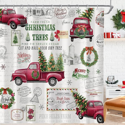 Vintage Christmas Farmhouse Shower Curtain for Bathroom 72W*72H Inch Red Truck Xmas Tree Winter Snowflake Wreath Classical Country Holiday Decorations Bathtub Decor Waterproof Polyester Fabric Set