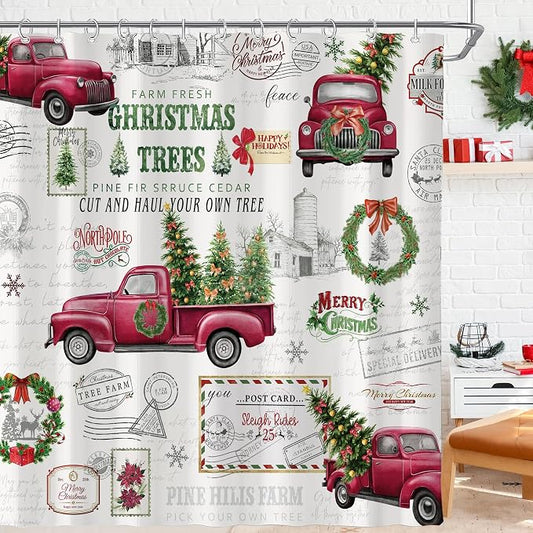 Vintage Christmas Farmhouse Shower Curtain for Bathroom 72W*72H Inch Red Truck Xmas Tree Winter Snowflake Wreath Classical Country Holiday Decorations Bathtub Decor Waterproof Polyester Fabric Set