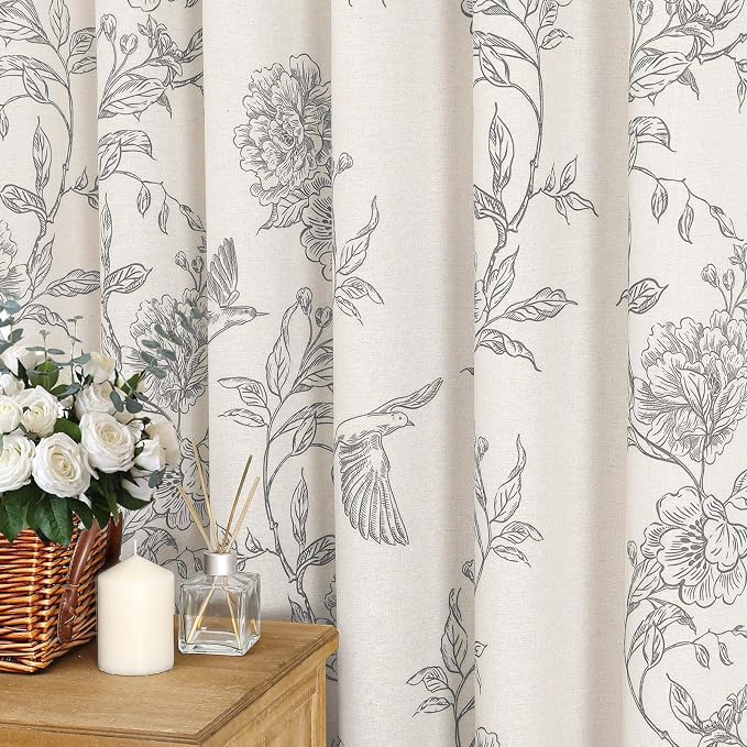 MitoVilla Long Grey Cotton Shower Curtain for Bathroom,72 x 78 | Long BoHo Cottagecore Hummingbird Spring Shower Curtains, Modern Farmhouse Country Floral Bathroom Décor, 72 x 78