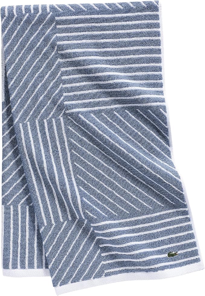Lacoste Guethary Striped Towel – 100% Cotton, Reversible Modern Geometric Design, Soft & Absorbent, Durable & Lightweight, Machine Washable – Denim, 30"x54" Bath Towel