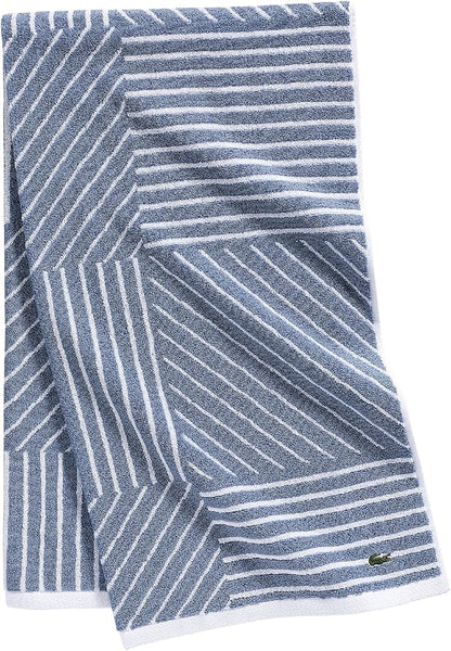 Lacoste Guethary Striped Towel – 100% Cotton, Reversible Modern Geometric Design, Soft & Absorbent, Durable & Lightweight, Machine Washable – Denim, 30"x54" Bath Towel
