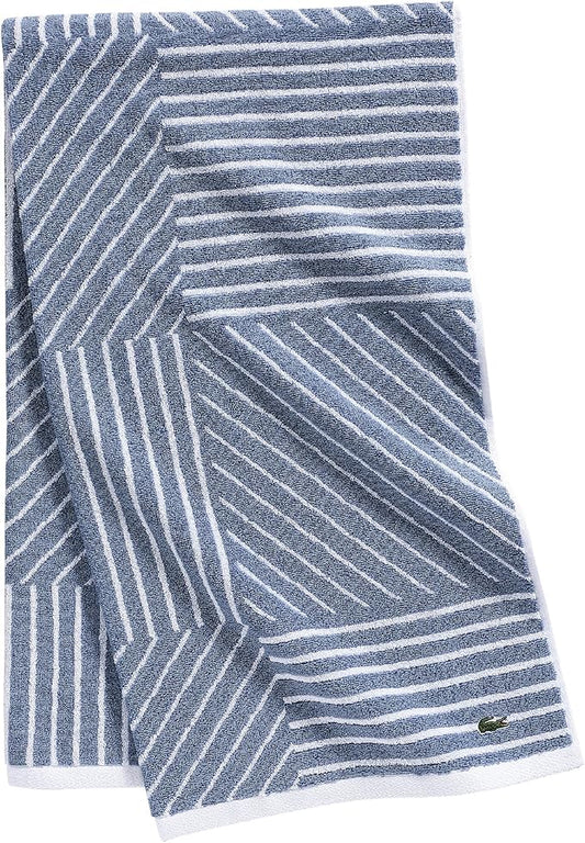 Lacoste Guethary Striped Towel – 100% Cotton, Reversible Modern Geometric Design, Soft & Absorbent, Durable & Lightweight, Machine Washable – Denim, 30"x54" Bath Towel