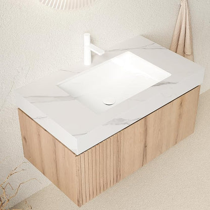 KEIKI 36 Inch Floating Bathroom Vanity with Sink, White Oak & White | Modern Wall Mounted Storage Cabinet w/ Drawer & Door, Pre-assembled Wood Panels, Sintered Stone Top & Ceramic Basin Combo Set