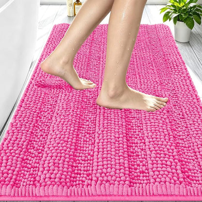 Smiry Thick Chenille Bathroom Rugs 30x20, Soft Absorbent Bath Mat, Hot Pink | Quick‑Dry & Machine Washable, Non‑Slip Bath Carpet, Striped Bath Rugs for Tub & Shower, Modern Home Decor Accessories