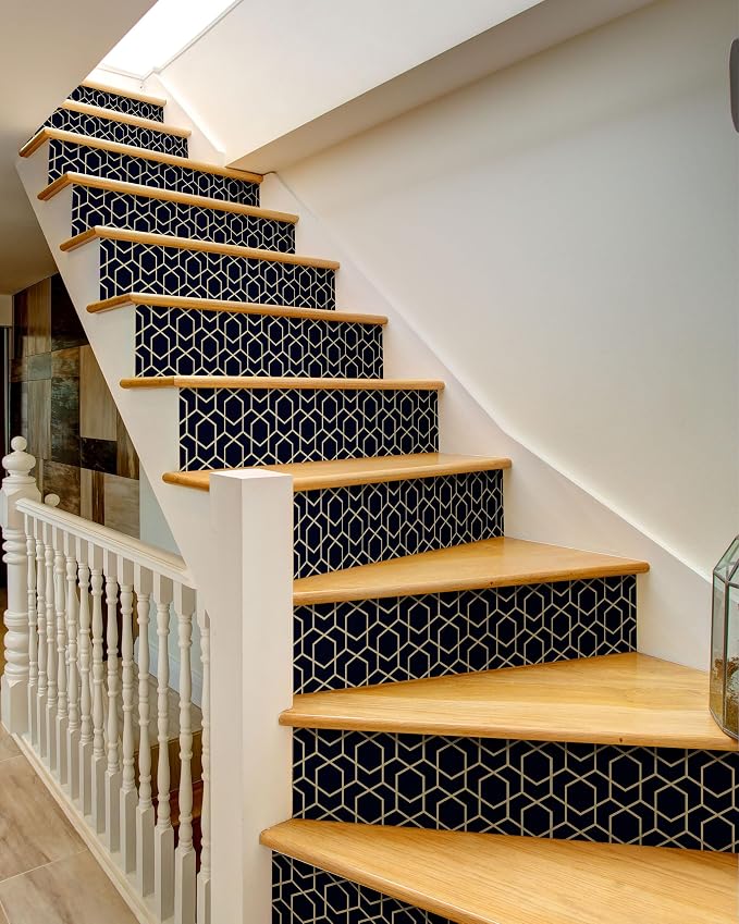 FLFK Stair Riser Decals,Rhombic Black and Gold Texture Vinyl Sticker for Stairs Decoration,14Pcs 39.3"X7.08"