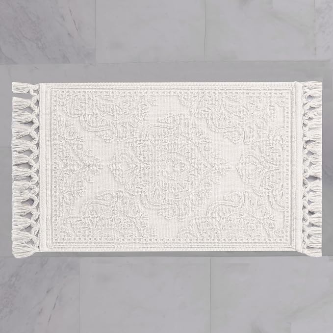 Jean Pierre - Ricardo Bath Mat, Woven Fringe Bathroom Rugs, 100% Cotton, Premium Bathroom Decor - Measures 21" x 34" - White