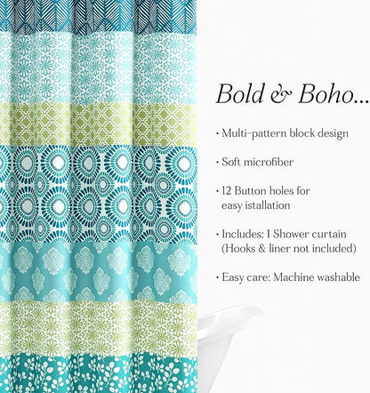 Lush Decor Bohemian Stripe Shower Curtain 72" W x 72" L Blue & Green - Bathroom Curtain - Striped Shower Curtain - Boho Decor - Fabric Shower Curtains