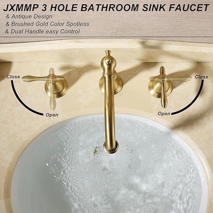 Antique Brushed Gold Bathroom Faucet 3 Hole, Widespread Bathroom Sink Faucet with Pop Up Drain and cUPC Supply Hose, Modern 2 Handle Vanity Faucet Gold JXM3073BG