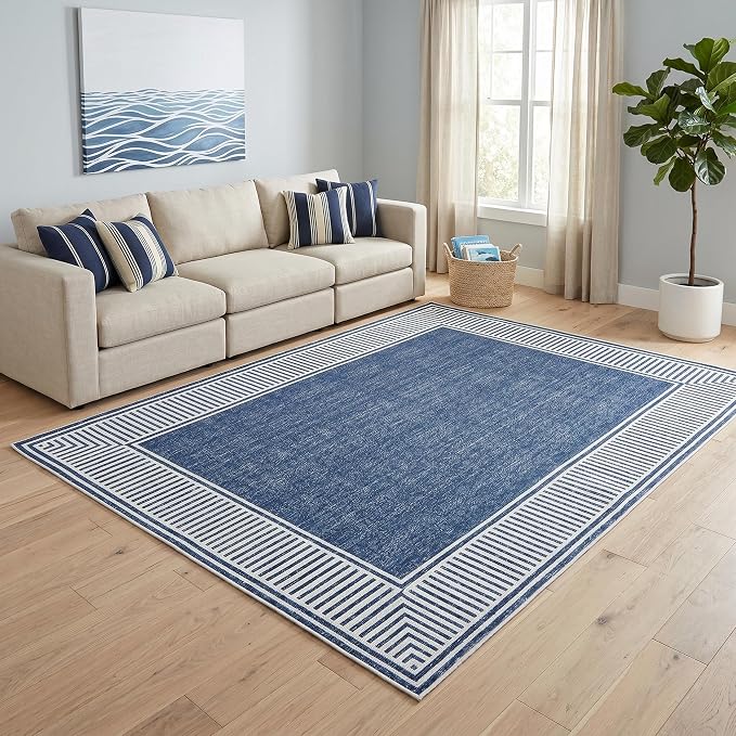 Garvee Living Room Rug 10x13 Washable Modern Bordered Bedroom Rug Blue | Large Non-Shedding Stain-Resistant Foldable Accent Rugs Ultra-Soft Non Slip Low Pile Floor Cover for Nursery Kids Room Office