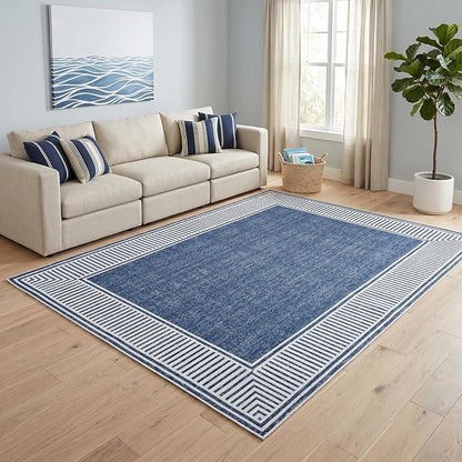 Garvee Living Room Rug 10x13 Washable Modern Bordered Bedroom Rug Blue | Large Non-Shedding Stain-Resistant Foldable Accent Rugs Ultra-Soft Non Slip Low Pile Floor Cover for Nursery Kids Room Office
