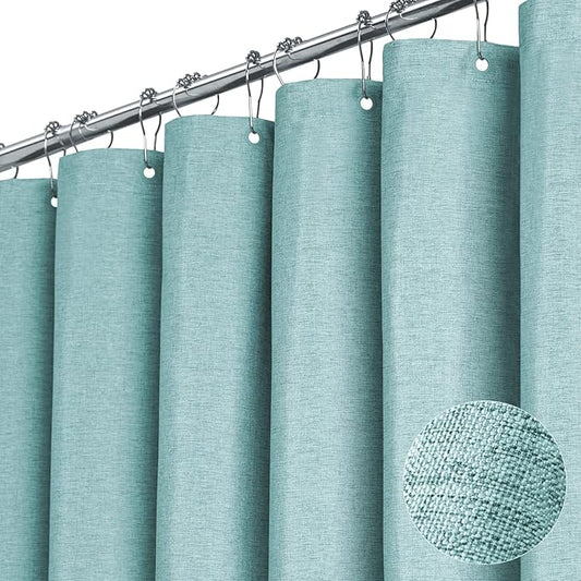 BTTN Teal Linen-Look Shower Curtain, Heavy Duty Waterproof Fabric Shower Curtain Set with 12 Plastic Hooks, Turquoise Simple Hotel Luxury Decorative Cloth Shower Curtain for Bathroom, 72x72 Inch