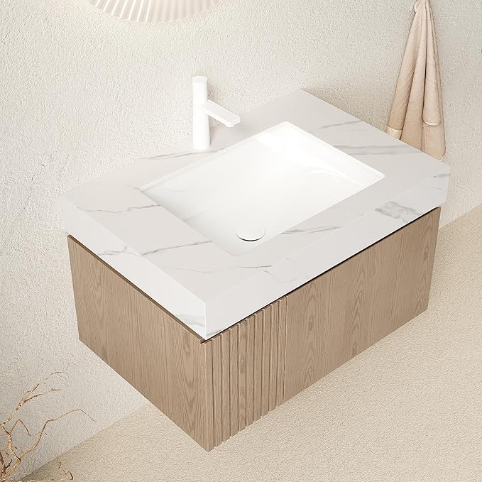 Ambrovina 30" Floating Bathroom Vanity with Sink, Plywood Storage Bathroom Vanities with Drawer and Door, Carrara White Sintered Stone Top and Ceramic Basin, Pre-Assembled Cabinet, Light Brown