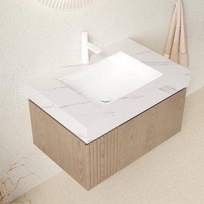 Ambrovina 30" Floating Bathroom Vanity with Sink, Plywood Storage Bathroom Vanities with Drawer and Door, Carrara White Sintered Stone Top and Ceramic Basin, Pre-Assembled Cabinet, Light Brown