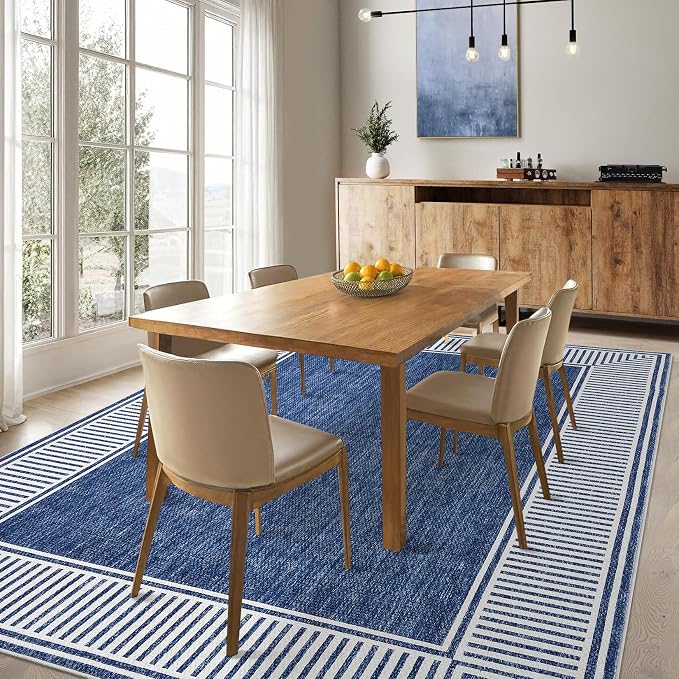 Garvee Modern Bordered Neutral Rugs for Living Room 8x10 Washable Rug Blue | Large Non Slip Low Pile Soft Carpet Foldable Non-Shedding Woven Printed Floor Cover for Bedroom Playroom Nursery Office Dorm