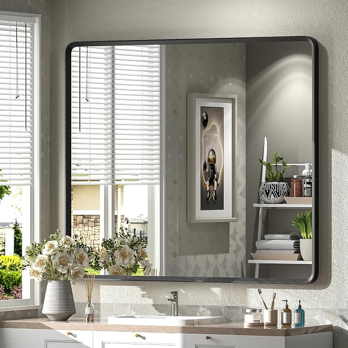 40x36 Inch Black Metal Framed Bathroom Mirror for Wall | Black Rounded Rectangle Mirror, Matte Black Vanity Mirror, Anti-Rust, Shatterproof, Hangs Horizontally or Vertically