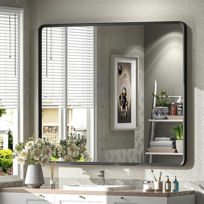 40x36 Inch Black Metal Framed Bathroom Mirror for Wall | Black Rounded Rectangle Mirror, Matte Black Vanity Mirror, Anti-Rust, Shatterproof, Hangs Horizontally or Vertically
