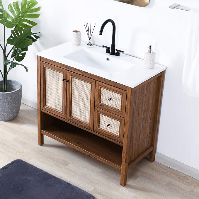 JONATHAN Y Jasper 36" Rattan Freestanding Vanity Cabinet Only, Walnut | 18" Depth 33" Height, 2-Shelf Storage, Soft-Close Door, Matte Black Hardware, Modern Minimalist Bathroom, MDF Wood Grain