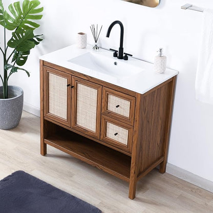 JONATHAN Y Jasper 36" Rattan Freestanding Vanity Cabinet Only, Walnut | 18" Depth 33" Height, 2-Shelf Storage, Soft-Close Door, Matte Black Hardware, Modern Minimalist Bathroom, MDF Wood Grain