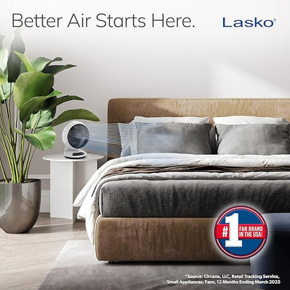 Lasko Whirlwind Orbital Motion Air Circulator Table Fan, 3 Speeds, Timer, Dark Mode, Remote Control for Small and Medium Sized Rooms, White, A12557