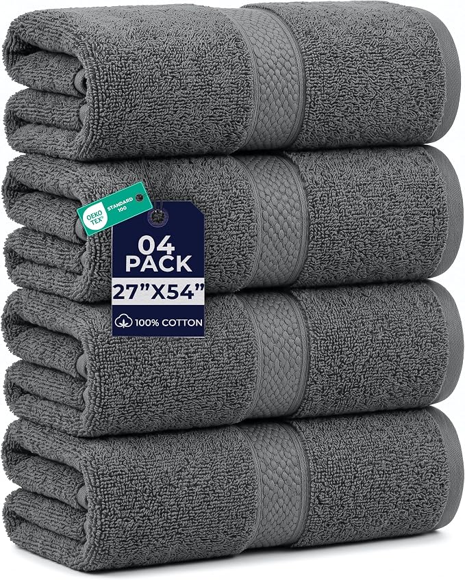 DAN RIVER 600 GSM Cotton Large Bath Towels Set of 4, 27 x 54 Inches, Gray | Larger & Lighter Weight Towels for Bathroom - Highly Absorbent & Quick Dry 100% Cotton Bath Towel Set for Home, Spa & Hotel