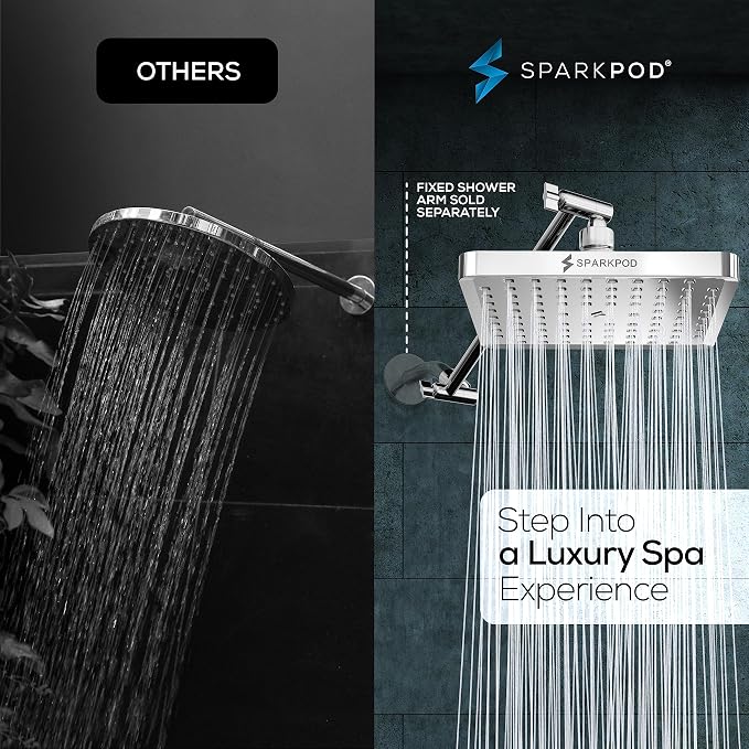 SparkPod 8" Square Rain Shower Head with 11" Shower Arm | Shower Head & Extension Arm Combo, Height Adjustable, High Pressure Performance, Easy 1-Minute Installation, Polished Chrome