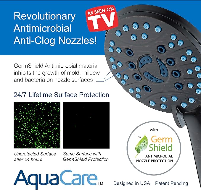 AquaCare 50-mode High Pressure 7 inch Shower Head Combo w/Dual Power Wash | Hygienic Jets, 2-mode Handheld Power Wash for Tub, Tile & Pets, Long 6 ft. Stainless Steel Hose, Extra Wall Bracket / Bronze