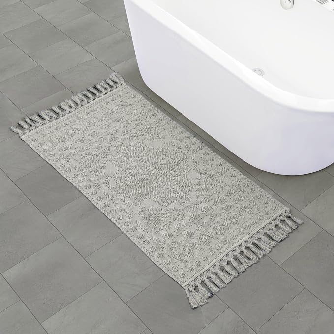 French Connection Nellore Bath Rugs, Woven and Beaded Bath Mats, Durable and Thick Bath Mats for Bathroom and Shower Rugs, 26" x 49", Medium Grey