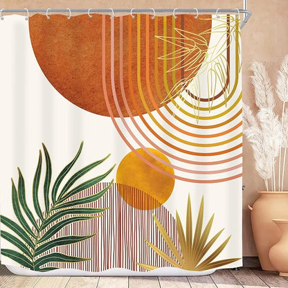 Mid Century Orange Boho Abstract Modern S Bathroom Shower Curtain Set | 72Wx72L Plant Botanical design, waterproof HD print with fast-drying fabric and 12 hooks.
