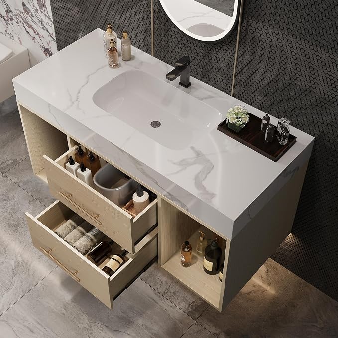 KEIKI 39.4" Bathroom Vanity with Undermount Sink Combo, Modern Floating Vanity Cabinet with 2 Drawers & Open Side Shelves, Storage Wall Mounted Cabinet for Small Space, Apricot‌