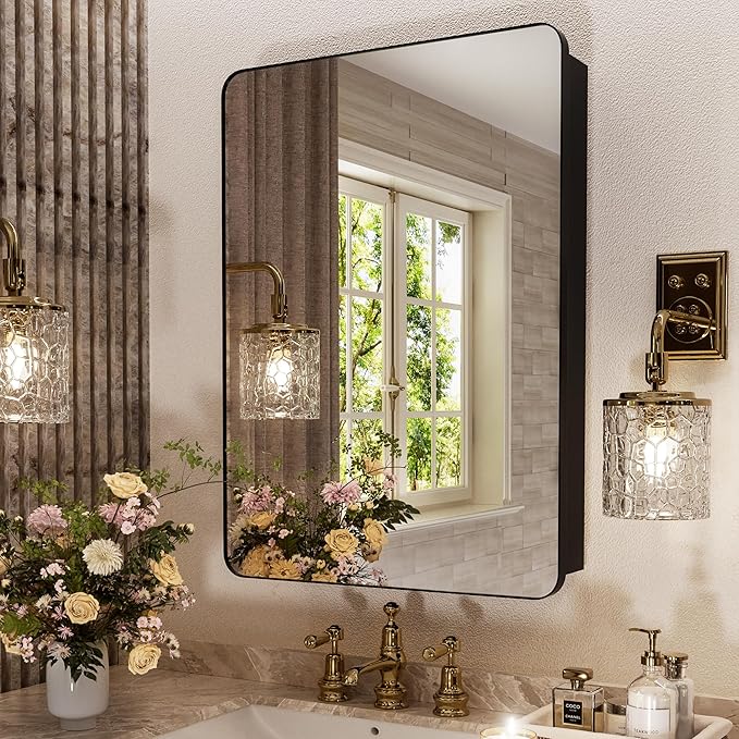 Medicine Cabinet with Mirror 20x30 Inch, Black Aluminum Bathroom Cabinet Recessed or Surface Mount, 8 Adjustable Shelves with Anti Tip Acrylic Guards, Rust Proof Wall Mirror for Vanity