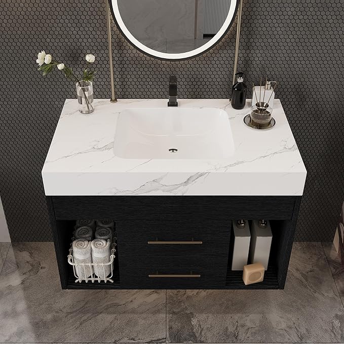 30 inch Modern Floating Bathroom Vanity with Sink, Wall Mounted Bathroom Cabinet with Undermount Ceramic Sink, Sintered Stone Countertop, 2 Soft Closing Drawers & Open Storage Shelf, Black