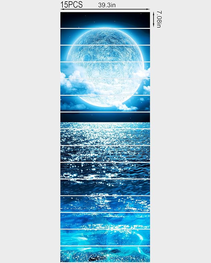 FLFK Bright Moon on The Sea Stair Stickers - Set of 15, Peel and Stick Stair Riser Decals, 39.3"x7.08"