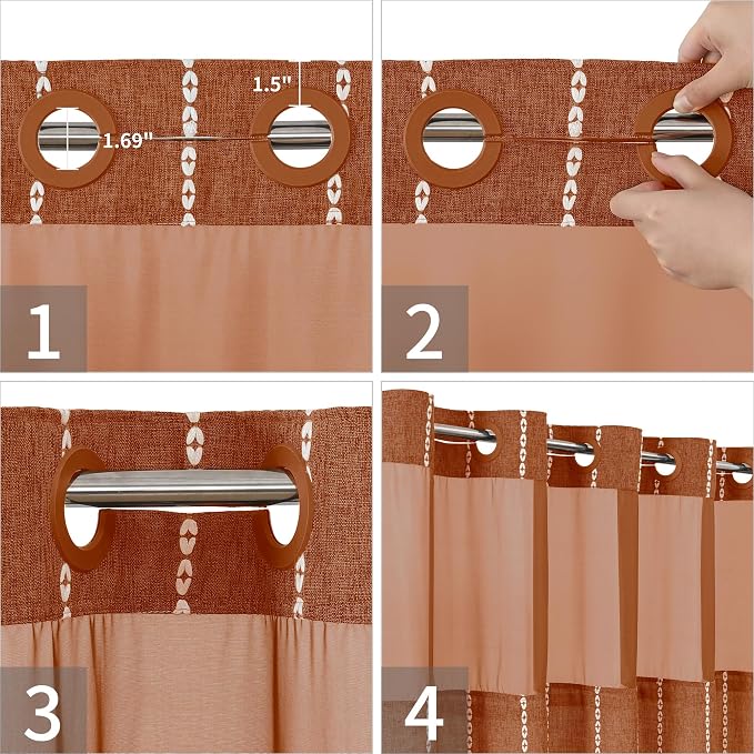 eachope Long No Hook Shower Curtain with Snap-in Fabric Liner,71x80,Orange | 330GSM Thick Linen Textured Striped,Boho Farmhouse Rustic Luxury Bathroom Curtain with Tassels,Mesh Window,Water-Repellent