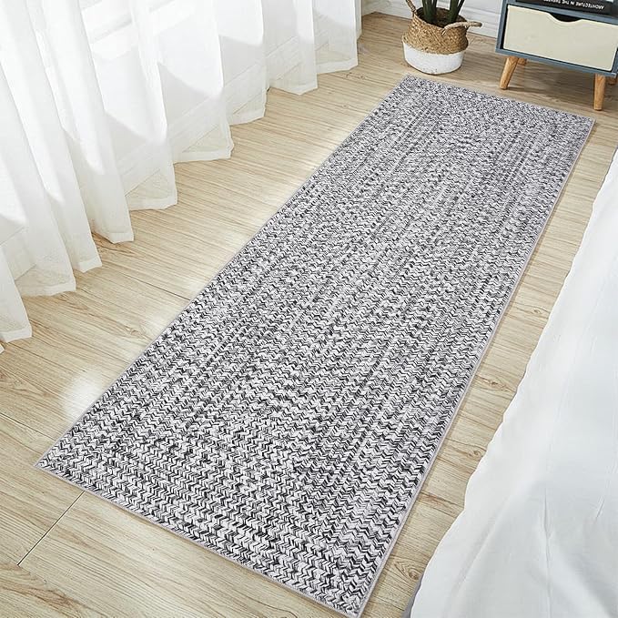 Printed Washable Runner Rugs 2x10 Rug for Living Room Bath Mat Modern Imitation Braided Bedroom Rug Non Slip Geometric Area Rug Kitchen Rugs Stain Resistant Carpet 2'x10' Light Grey