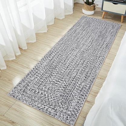 Printed Washable Runner Rugs 2x10 Rug for Living Room Bath Mat Modern Imitation Braided Bedroom Rug Non Slip Geometric Area Rug Kitchen Rugs Stain Resistant Carpet 2'x10' Light Grey