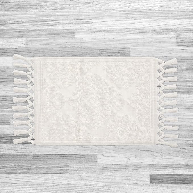 Jean Pierre - Ricardo Bath Mat, Woven Fringe Bathroom Rugs, 100% Cotton, Premium Bathroom Decor - Measures 17" x 31" - Ivory