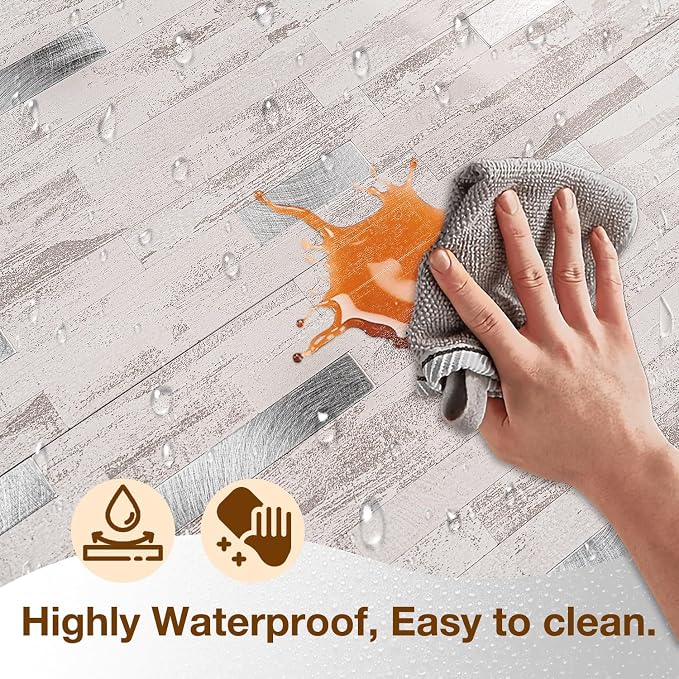 Peel and Stick Backsplash Tile Waterproof Removable PVC Wall Sticker 3D Faux Stone Marble Brick White Accent Panels (Polished Eurasia Silver - Gray, 20 Tiles - 9 sq. ft. (0.84 M²))