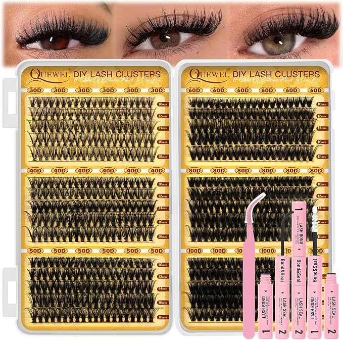 QUEWEL 580PCS Lash Clusters Kit 30D+40D+50D+60D+80D+100D Lash Clusters Kit | 10-18mm Cluster Lashes Individual Eyelash Clusters Reusable for Natural DIY Cluster Eyelash Extensions for Beginners