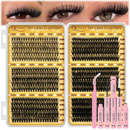 QUEWEL 580PCS Lash Clusters Kit 30D+40D+50D+60D+80D+100D Lash Clusters Kit | 10-18mm Cluster Lashes Individual Eyelash Clusters Reusable for Natural DIY Cluster Eyelash Extensions for Beginners